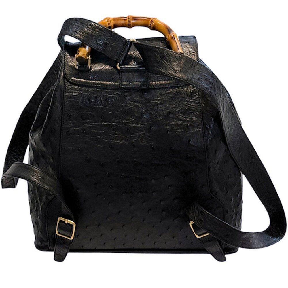 Vintage GUCCI Black Ostrich Skin Backpack Handbag with Bamboo Accents - Picture 4 of 15